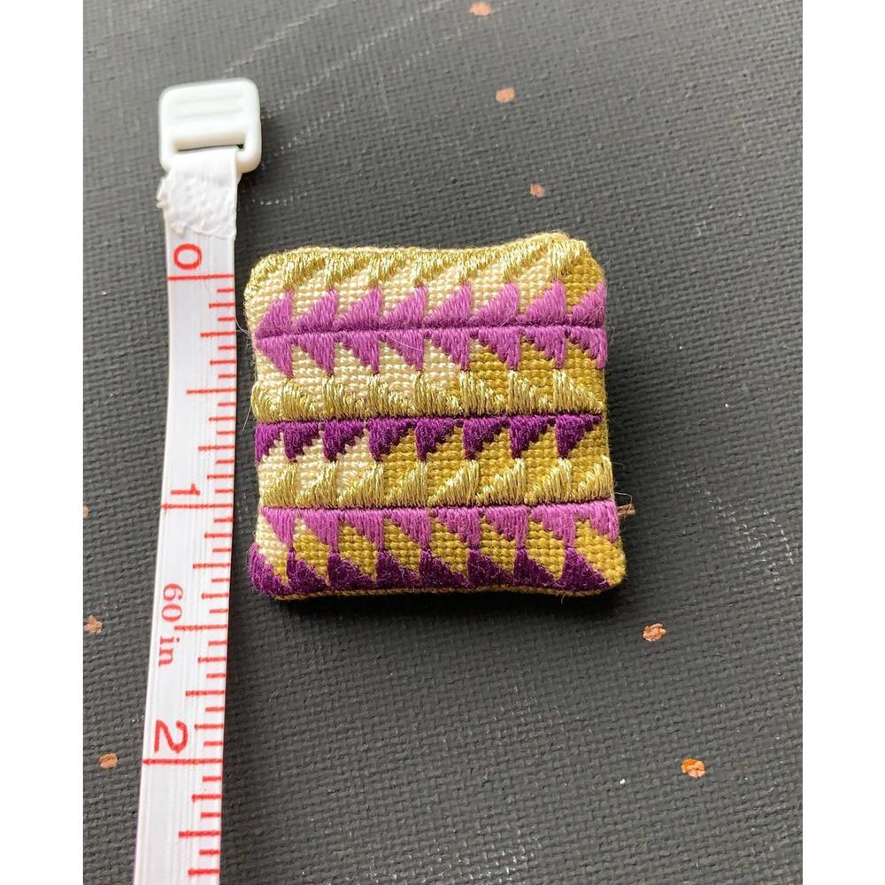 VTG Embroidered Brooch Signed S.E.B 1994 Handcrafted Purple Gold Green Geometric - Picture 6 of 7